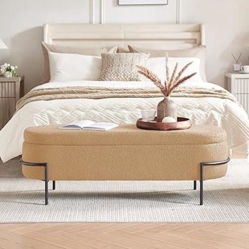 FiveWillowise Sherpa Storage Ottoman Bench for Bedroom, Beige End of Bed Bench with Storage, Upholstered Boucle Storage Bench with Metal Stand and Hinges, Oval Ottoman for Living Room, 45 Inch