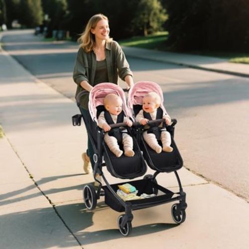 Side by Side Double Stroller Newborn and Toddler, Lightweight Compact Twin Stroller with Reversible Seat, Adjustable Backrest & Canopy, Storage Basket