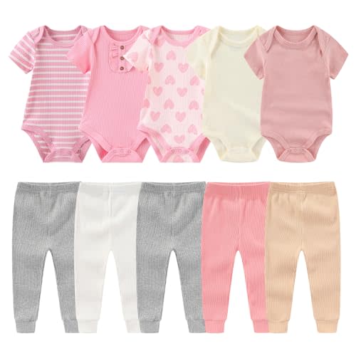 MAMIMAKA Newborn Baby Layette Gift Set 10-Piece Baby Boy Girl Short Sleeve Bodysuits with Pants Infant Outfit Essentials