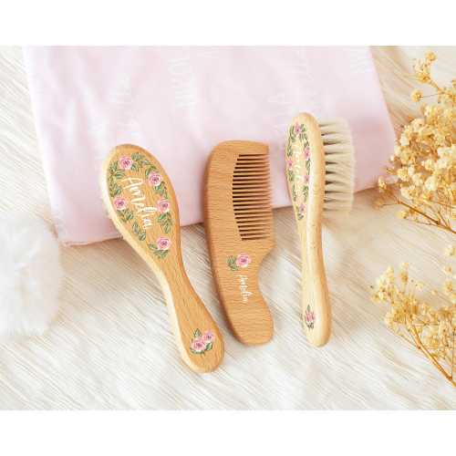 Personalized Wooden Baby Hairbrush 3 Piece Set, Custom Engraved Keepsake, Baby Shower Gift Idea for Newborns, Unisex Wooden Hair Brush and Comb Set