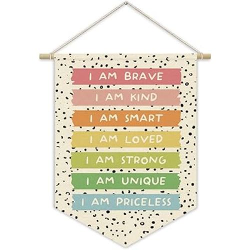 Classroom Nursery Decor,Positive Affirmation Kids Wall Art Canvas Banner,Rainbow Wall Hanging Pennant Flag Canvas Banner for Playroom Baby Kids Bedroom 15x11in