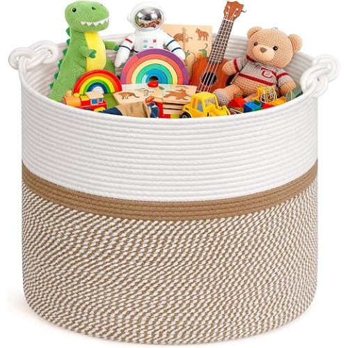 Goodpick 17"x16" Toy Storage for Kids, Home Décor Living Room, Woven Laundry Basket for Blankets Pillows Clothes, Baby Basket for Fall Decorations, White & Camel