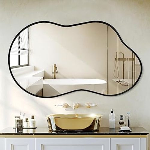 Irregular Wall Mirror - Wall Mirrors Decorative 20"x36" Black Asymmetrical Mirror Tempered Glass Aviation Aluminum Alloy Frame for Bathroom, Bedroom, Living Room, Cloakroom, Entryway