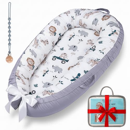 Pristine Moments Baby Lounger Pillow for Newborn Soft & Breathable Baby Lounger 0-24 Months, Cozy Baby Lounger for Home & Travel, Portable Baby Lounger Pillow (Grey Zoo Animals)