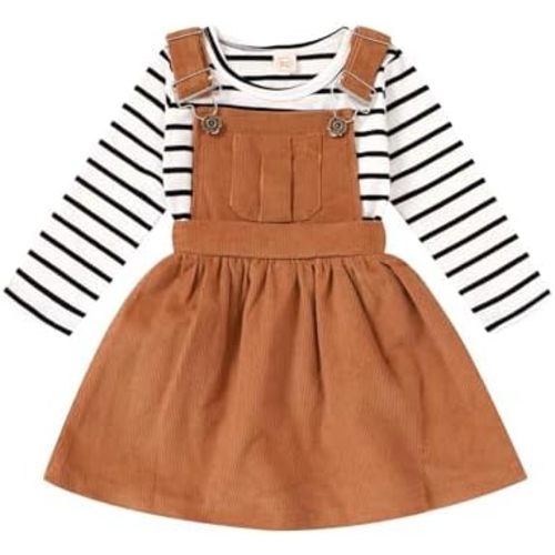 Toddler Baby Girl Fall Outfit Long Sleeve Stripe T-Shirt and Strap Dress Overall with One Pocket Clothes Sets