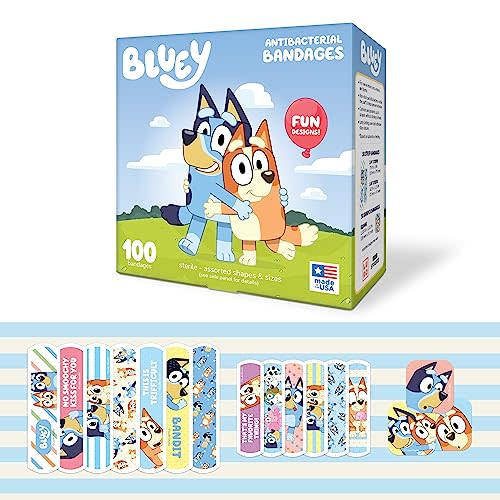 Bluey Kids Bandages, 3 Assorted Sizes 100 CT | Wear Like Stickers, Flexible Adhesive Bandages for Minor Cuts, Scrapes, and Burns. Great Gift idea and Stocking Stuffer