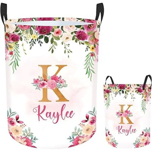 Personalized Baby Basket for Laundry, Custom Name Laundry Baskets for Kids Girls Boys Adults, Customize Kids Clothes Hamper, Floral Print Storage Basket with Handles