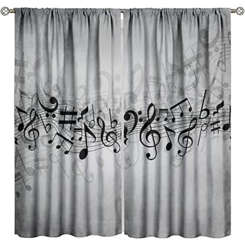 Music Notes Curtain, Musical Notes Rhythm of The Song Curtain Black and White Singing Clef Ornamental Window Treatments for Bedroom Living Room Home 42" W X 45" L(No Blackout)