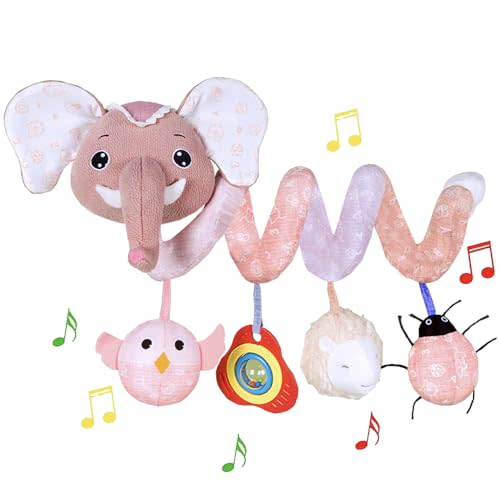 Car Seat Toys, Baby Stroller Toys Infant Spiral Hanging Toys for Crib Bar Bassinet Stroller Car Seat Mobile, Early Development Toys for Newborn Baby Girls 0 3 6 12 Months -Pink Elephant