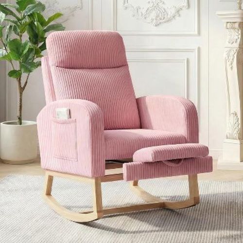 Cozy Upholstered Glider Rocker with Adjustable Footrest & Side Pocket, Modern Nursery Accent Chair for Living Room, Pink Corduroy