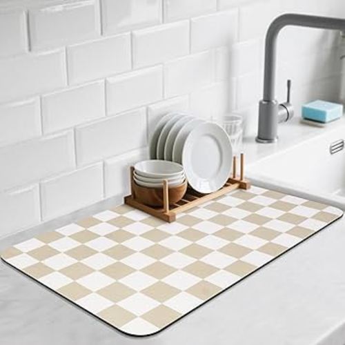 Checkered Dish Drying Mat for Kitchen Counter, Absorbent Non-Slip Coffee Mat, Heat Resistant Mat for Countertops Coffee Bar Decor 16" x 24" Khaki