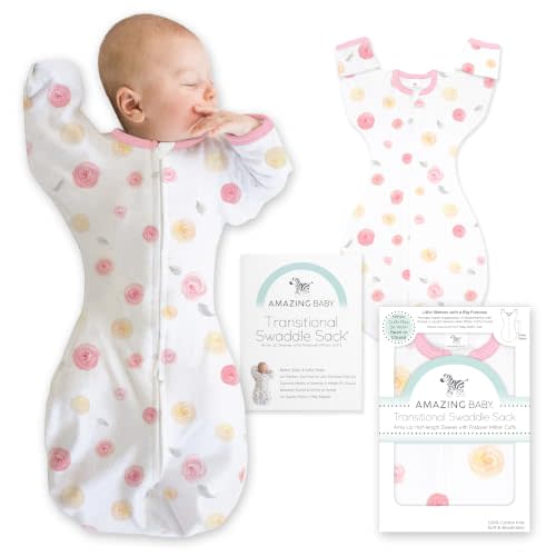 Amazing Baby Transitional Swaddle Sack, Watercolor Little Roses, 0-3mo | Arms Up Half-length Sleeve Partially Suppress Moro reflex, Most Gradual Transition Swaddle for Newborn, Safe for Rolling Baby
