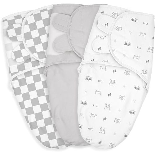 Baby Swaddle Sacks, 3-Pack Newborn Organic Cotton Swaddle Wrap, Adjustable Swaddling Blankets, Nursery Swaddling Essentials for Newborn 0-3 Months, Infant Shower Items Gift (Animals & Square)