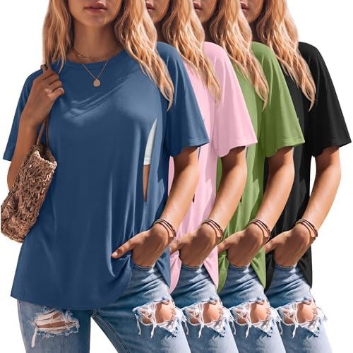 4 Pack Women's Oversize Nursing Shirts for Breastfeeding Hidden Zipper Short Sleeves Loose Summer Maternity Tops