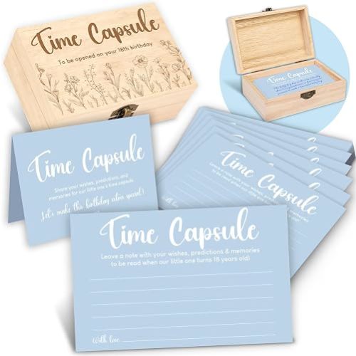 Time Capsule Box 1st Birthday, Blue Cards and Wood Box for Boys