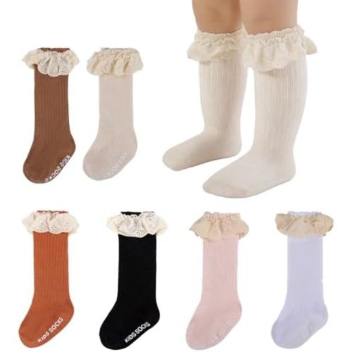 MKYSZLT 6 Pairs Baby Girl Knee High Socks Newborn Infant Toddler Cotton Long Lace Ruffle Socks Tall Frilly Dress Stockings