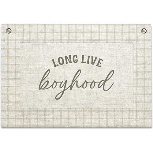 Long Live Boyhood Banner – Boy Room Decor Linen Banner Hanging Flag Retro Pink for Nursery Playroom Wall Art Decor for Kids Bedroom Dorm Toddler Decorations (Green Plaid1)