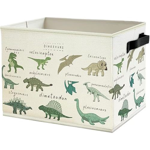 Dinosaur Storage Bins Box with Handles, Dinosaur Nursery Decor, Species of Dino Collapsible Basket Organizer for Boys Playroom Bedroom Bathroom Toys Books Clothes