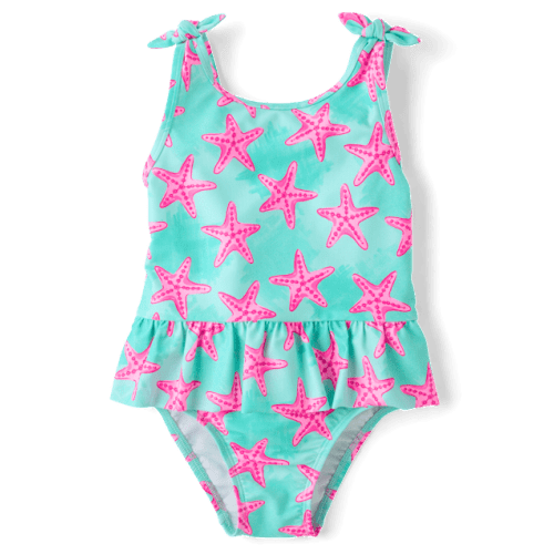 Baby And Toddler Girls Starfish Peplum One Piece Swimsuit - Aqua