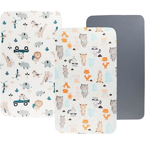 Bassinet Sheet Set 3 Pack (32" x 19") Compatible with Mika Micky, Baby Delight, Dream On Me Bassinet Mattress, Jersey Knit Ultra Soft Flexible for Baby Boys Girls,Elephant Tiger,Fox & Grey
