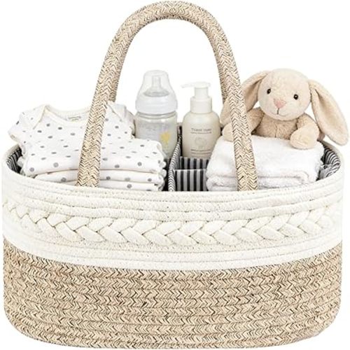 Diaper Caddy Organizer, Cotton Rope Baby Basket for Nursery and Changing Table, Portable Diaper Caddy with Removable Divider for Newborn Parents, Home and Car Travel, White and Brown