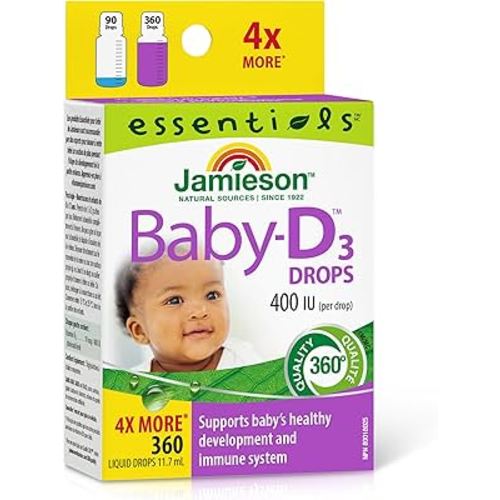 Jamieson Baby Vitamin D3 Drops 400 IU, Supports Baby's Development, Immune Health, Healthy Bones and Teeth. Pure and Premium Formula, Non-GMO, Gluten-Free, Lactose-Free, No Artificial Colours, Flavours or Preservatives, 360 Drops