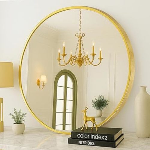 SONGMICS Bathroom Round Mirror for Wall, 24 Inches Gold Circle Mirror，Metal Frame,for Bathroom Over Sink, Living Room, Bedroom, Entryway, Hallway, Ink Metallic Gold ULWM102A01