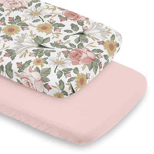 Sweet Jojo Designs 2-Piece Baby Bassinet Sheets Set (Boho Vintage Floral) for Girls, Infant Newborn Nursery, Oval, Rectangle & Hourglass Mattress (Bohemian, Shabby Chic, Farmhouse, Rose, Pink & Green)