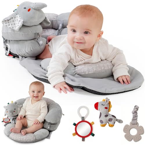2-in-1 Tummy Time Mat & Baby Lounger Pillow - Seat Support for Baby Play Mat for Babies 0-6 Months, Infant Lounger Activity Center with Newborn Toys, Floor Pillows Sit Me Up (Elephant)