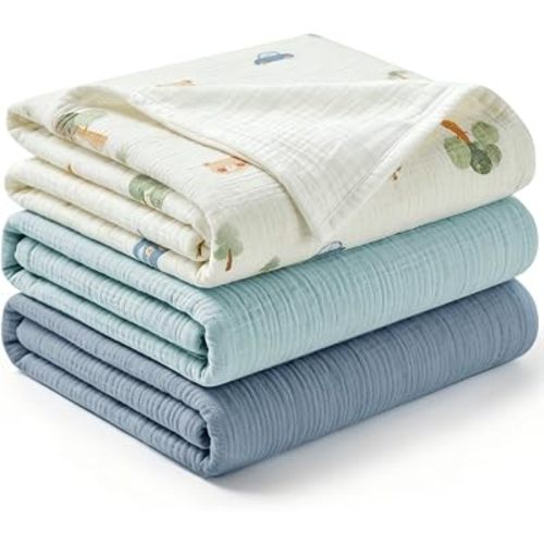 Horbaunal Muslin Swaddle Blankets 47 x 47 Inch Large, Blue & Car
