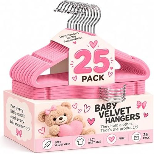 TechZoo 25 Premium Baby Velvet Hangers - 11.8 Inches Non-Slip & Ultra-Slim Baby Hangers for Space-Saving & Children Clothes - 360 Swivel Hook, Strong & Durable Infant & Toddler Clothes Hanger - Pink