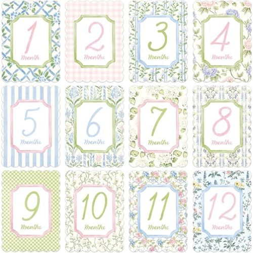 12 Pcs Baby Monthly Milestone Cards, First Holiday Newborn Sign for Baby Shower, Floral 1-12 Monthly Milestone Cards Pastel First Year Photo Props for Boys Girls, 12 Designs 5 x 7 Inch