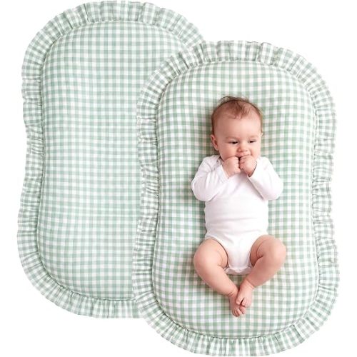 2 Pcs Gingham Baby Lounger Cover with Ruffle 100% Cotton Plaid Lounger Cover Baby Nest Slipcover for Boys Girls(Green)