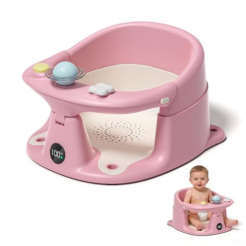Baby Bath Seat for Babies 6 Months & up with Thermometer, Non-Slip Toddler Bath Seats for Sitting Up, Safe Infant & Newborn Bathtub Chair with 4 Suction Cups, Soft Cushion & Temperature Display, Pink