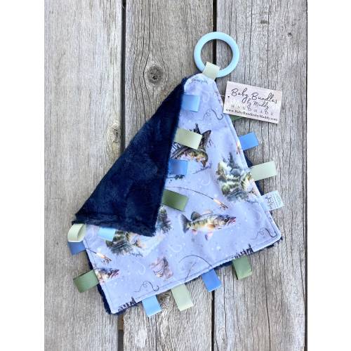 Fishing Minky Tag Lovey / Mini Blanket / Security Comfort Blanket / Soft Minky Toy / Sensory Toy / Baby Boy Baby Shower Gift / Fishing Gift