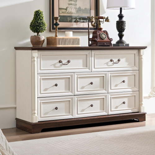 DEALTOPS Farmhouse 8-Drawer Dresser, Wide Storage Chest with Solid Wood Columns, Shabby Chic Bedroom Cabinet, White