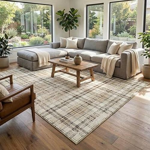 Modern Plaid Area Rug 5x7 Washable Rugs for Living Room Non Slip Low Pile Non-Shedding Carpet Soft Thin Neutral Indoor Foldable Checkered Rugs for Bedroom Nursery Office Dorm Beige