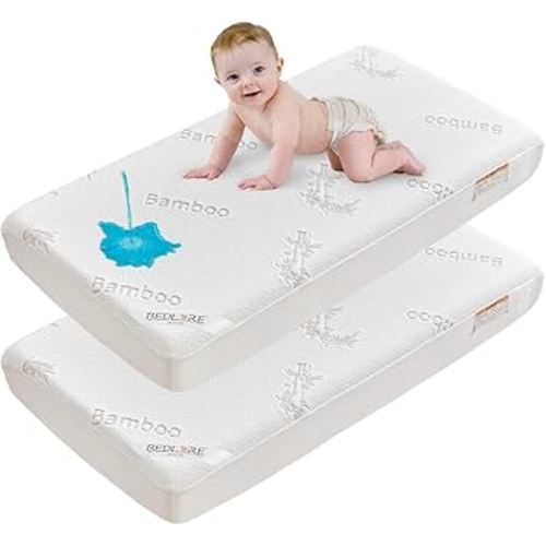 BEDLORE Waterproof Crib Mattress Protector 2 Pack, Ultra Soft Bamboo Viscose Crib Mattress Pad Cover, Noiseless Toddler Mattress Protector for Standard Baby Bed Size 52''x28'', White