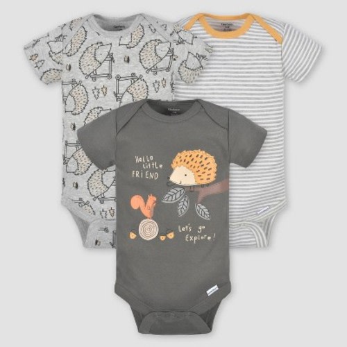 Gerber Baby Boys' 3pk Hedgehog Short Sleeve Onesies - Gray 0-3M