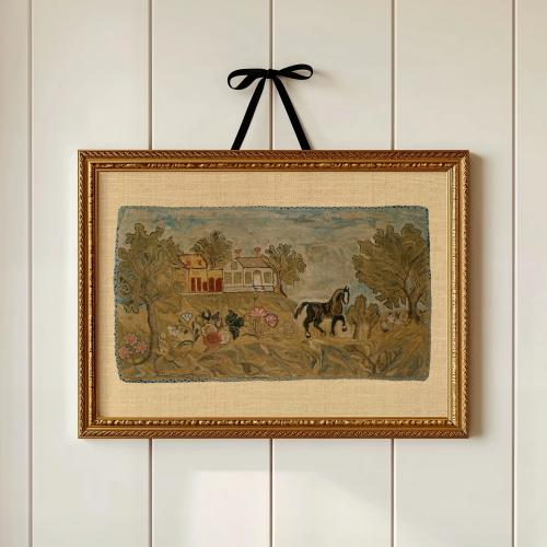 Farmhouse Horse & Cottage Art Print: Vintage Hooked Rug Style (Digital Download)