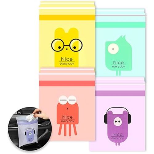 92pcs Car Trash Bags Easy Stick-On Disposable Portable Car Garbage Bags, Waterproof Leak Proof Barf Vomit Bags, Self Adhesive Cleaning Bags for Cars, Bedrooms, Bathrooms, Offices, Kitchens - Pattern A