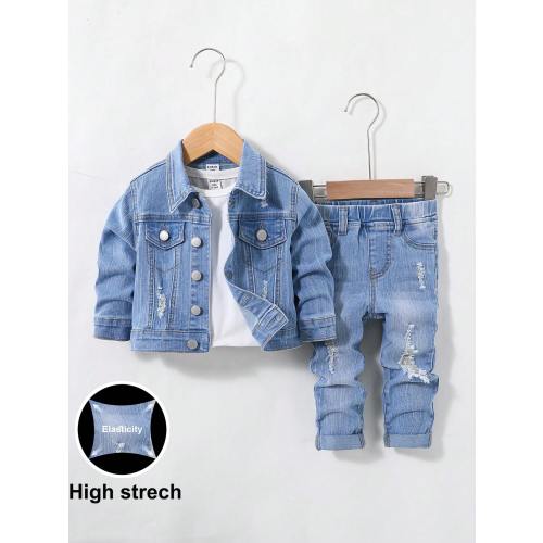 SHEIN Baby Boys 2pcs/Set Casual Ripped Frayed Lapel Long Sleeve Denim Jacket And Ripped Frayed High Stretch Skinny Blue Jeans Set,Versatile For Fall Clothes And Outdoor Wear Outfits