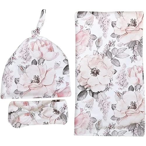 Newborn Swaddle Set Floral Print Soft Baby Girl Newborn Receiving Blanket Hat Headband Set (A)