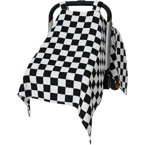 Muslin Car Seat Cover for Babies - Black & White Plaid Infant Carrier Canopy, Soft & Breathable Baby Carseat Cover, Lightweight Sunshade for Summer, Universal Fit for Boys & Girls