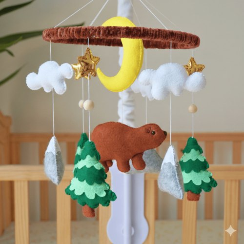 Tinitigies Handmade Woodland Bear Baby Crib Mobile - Brown Bear, Pine Trees and Mountains Felt Decor - Nature Inspired Nursery (Mobile Only, Arm Not Included)
