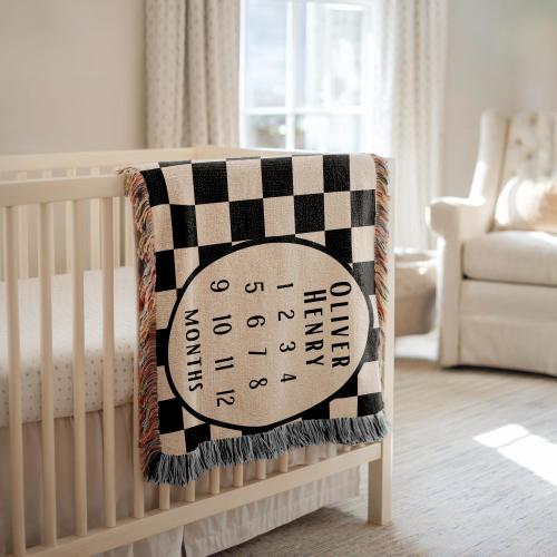 Personalized Baby Boy Milestone Blanket Custom Checkered Name Baby Blanket Baby Shower Gift for Newborn Boy Keepsake Classic Nursery Decor