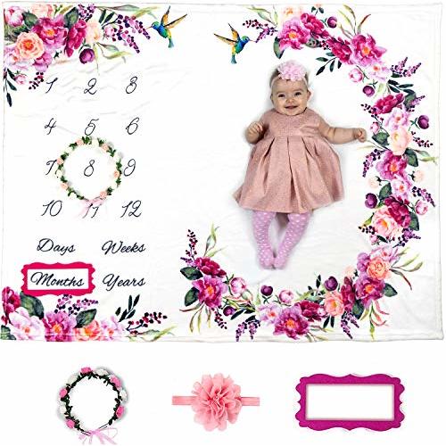 Baby Monthly Milestone Blanket Girl - Floral Large Plush Fleece Growth Chart Blanket Memory Photography Backdrop for Newborns - New Moms Set - No Wrinkle - Floral Wreath + Headband
