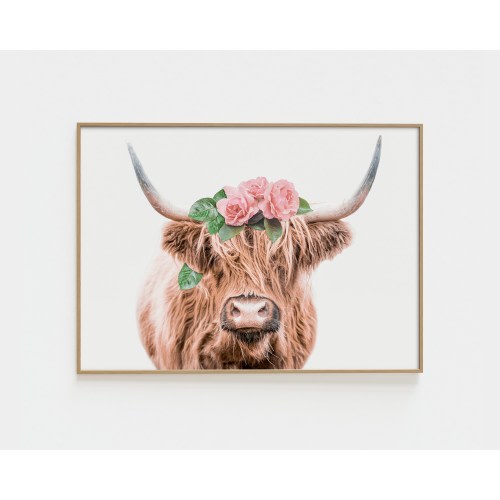 Highland Cow Print With Flower Crown, Highland Cow Print, Girl Nursery Prints, Flower Crown Cow Print, Highland Cow Nursery Wall Art. PL0003