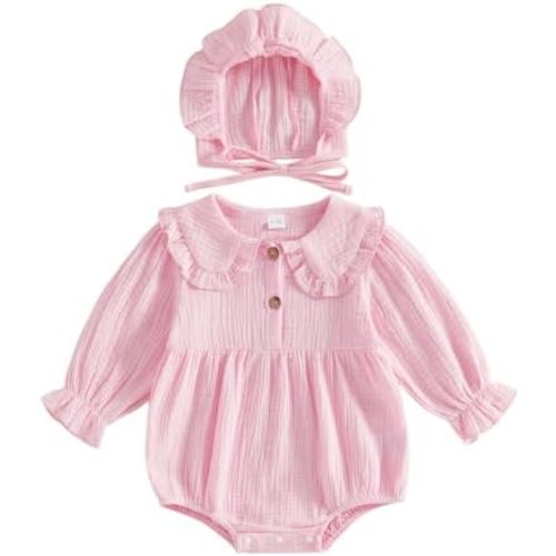 Newborn Coming Home Outfit Baby Girl Muslin Romper Bodysuit with Hat