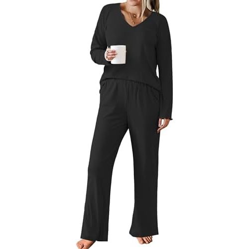 Ekouaer Womens Ribbed Knit Pajamas Set V Neck Long Sleeve Pj Set 2 Piece Loungewear Casual Sleepwear